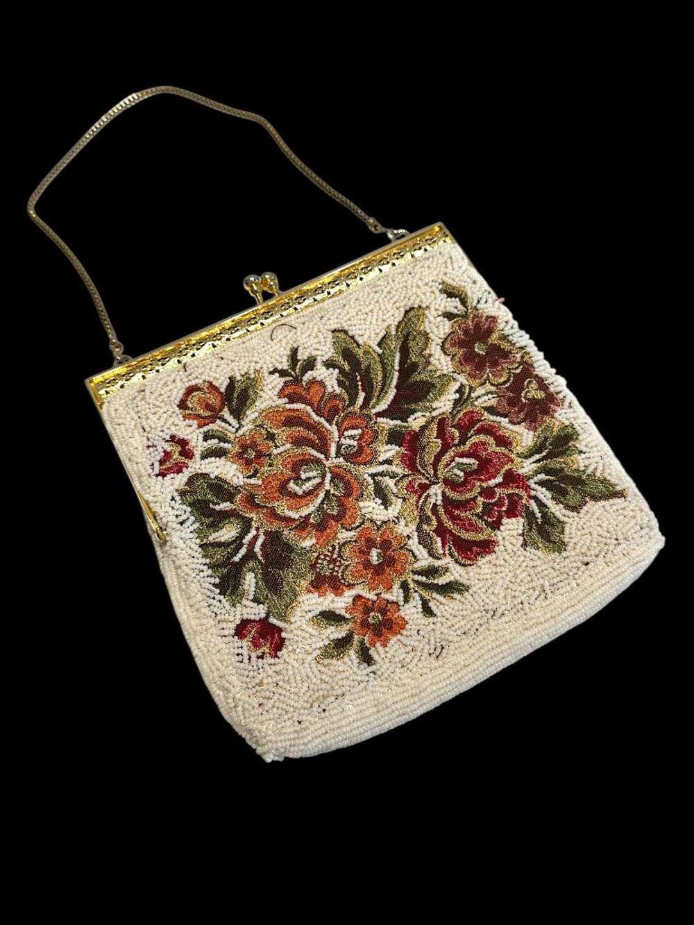 Vintage Evening Purse Handbag Beaded & Embroidered Roses Cream Rust Amber Green
